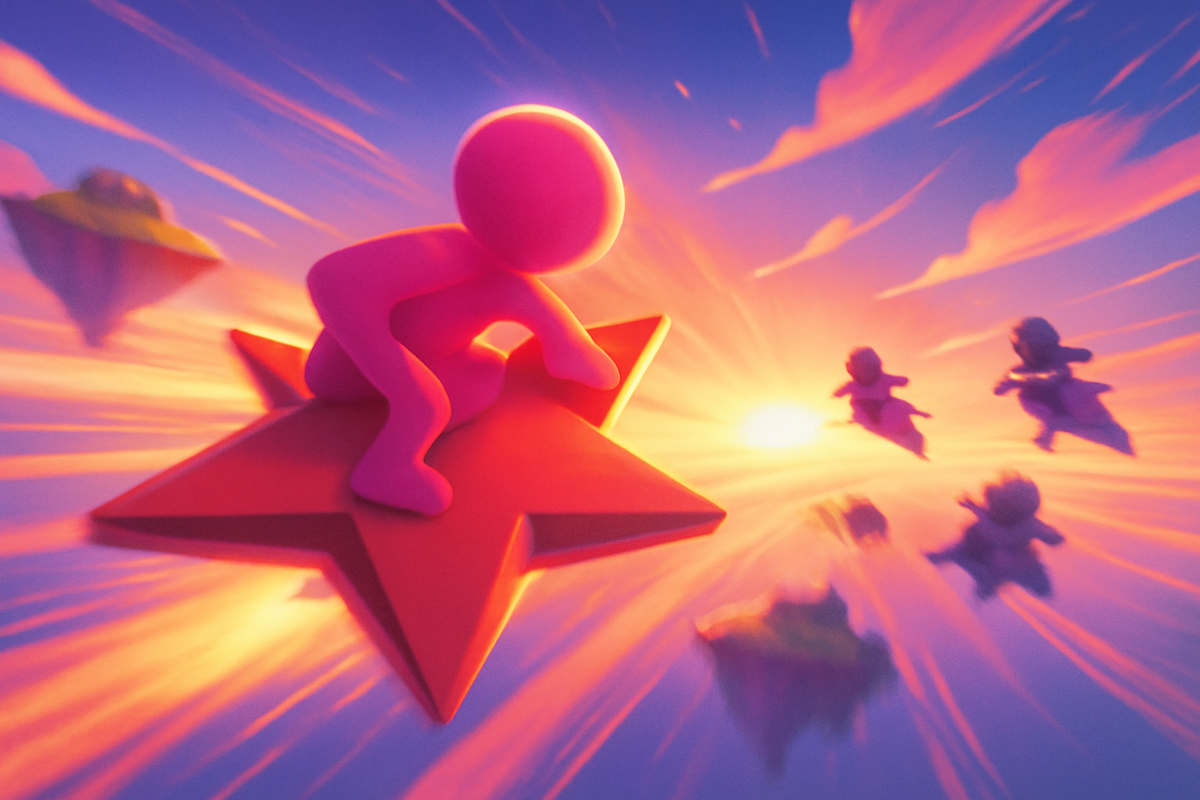 Pink hero surfing a blazing star toward sunrise—cinematic speed lines, rivals chasing in the sky—adrenaline rush, hopeful momentum, joyful racing adventure