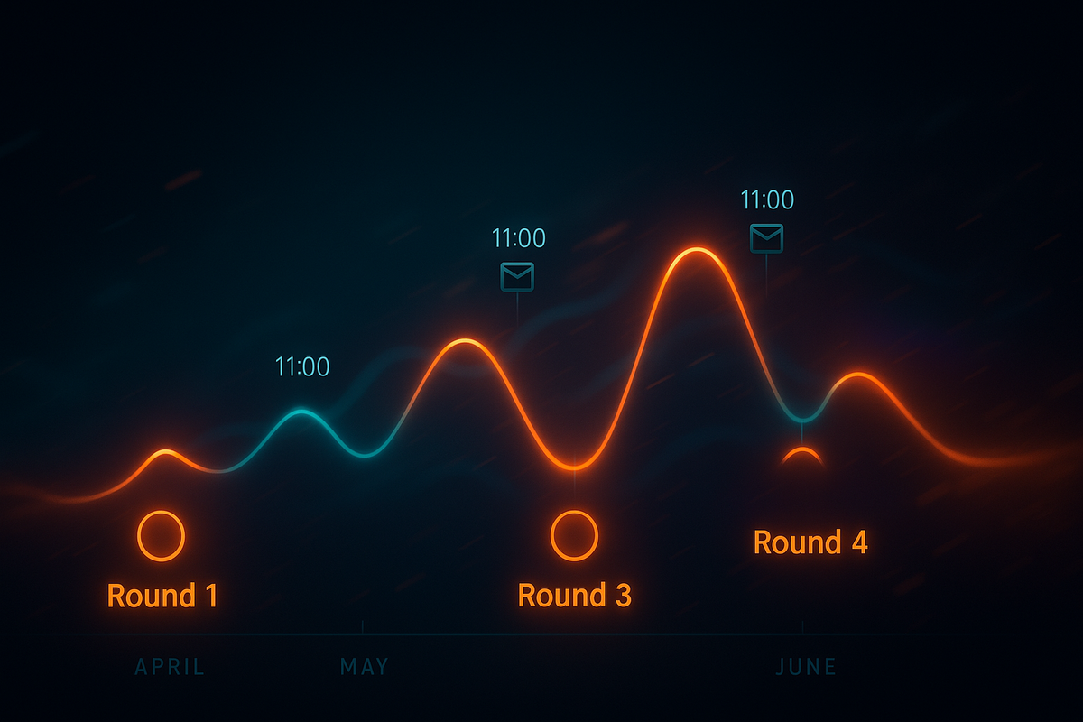 Neon timeline April→June with waves labeled Round 1 / Round 3 / Round 4 and 11:00 mail markers—announcement rhythm decoded for the console draw, tense anticipation turned into actionable timing