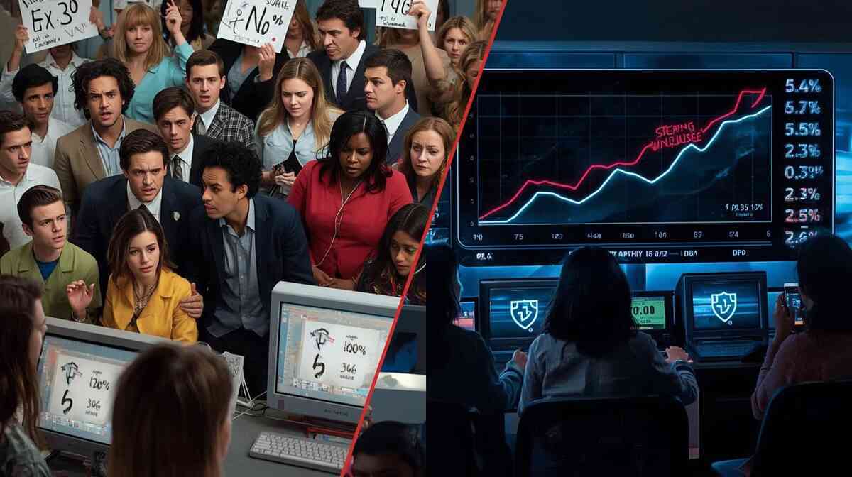 Split scene: past draw chaos “1000:1” panic vs current draw “10:1” with protective shield—anti-scalper rules tame the storm, fairness rising and anxiety easing