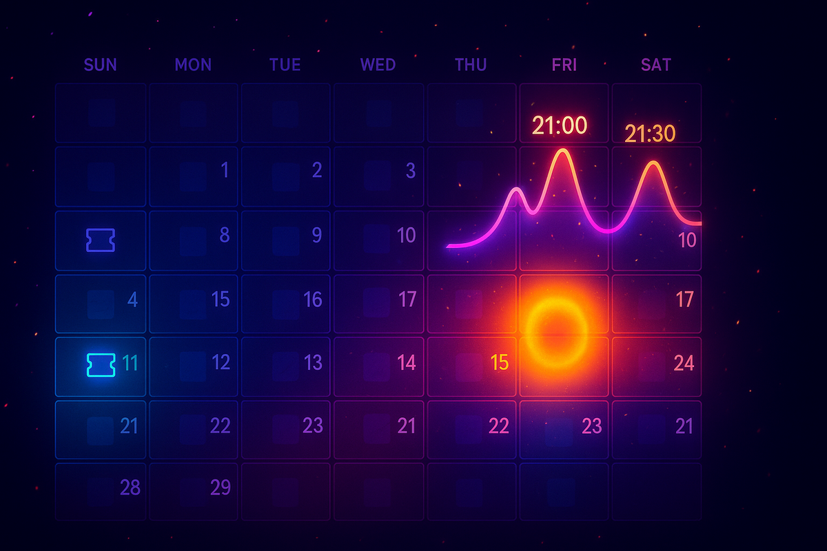 Neon weekly calendar with Friday 21:00 spike and Saturday 21:30 echo—three-wave restock pattern to chase Rakuten Books Switch2 drops, data-driven night energy