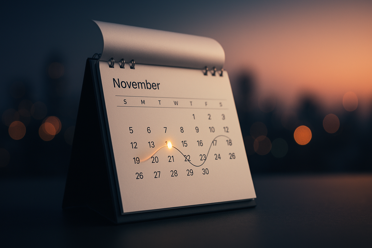 Desk calendar of November with a glowing 11th and a wave to mid-month—restock timing forecast for Switch2 on Rakuten Books, calm sunrise mood, poised anticipation