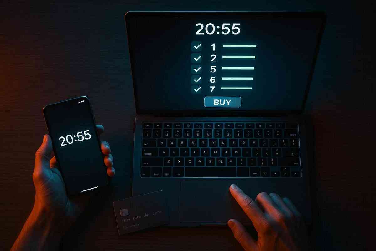 Two-device purchase ritual at 20:55—phone + laptop, seven-step checklist green, finger over BUY—flash-sale sniping for Switch2 with focused, urgent precision