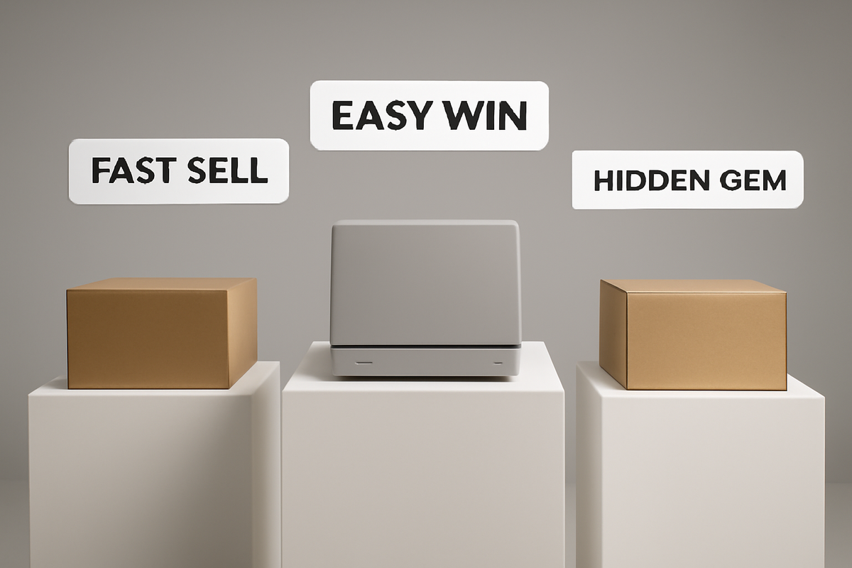SKU difficulty ladder—center “EASY WIN” console, left “FAST SELL,” right “HIDDEN GEM”—choose the smartest Switch2 target, cool confidence, tactical clarity