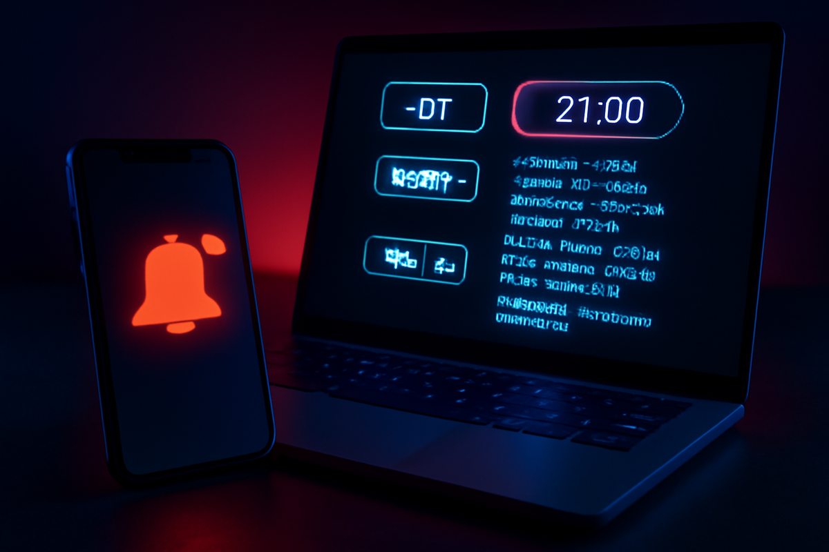 Dark command center—red alert bell on phone, laptop clock 21:00 with filters and toggles—real-time Twitter watch to catch Rakuten Books Switch2 restocks, electric tension