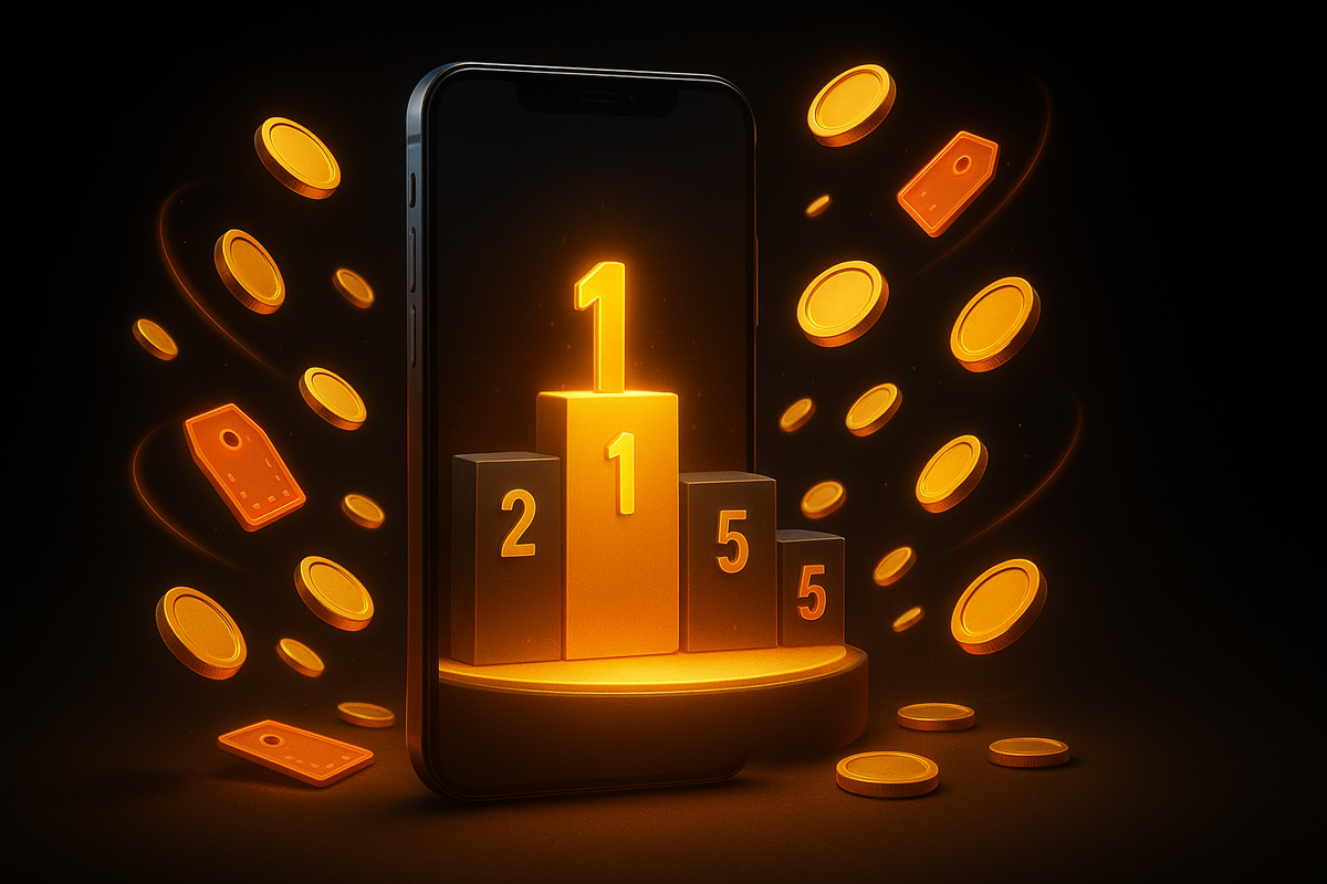 Glowing phone podium with coins swirling—Top 5 cheapest ways to buy iPhone 17 in 2025, rank #1 crowned, money-rain thrill and winning energy