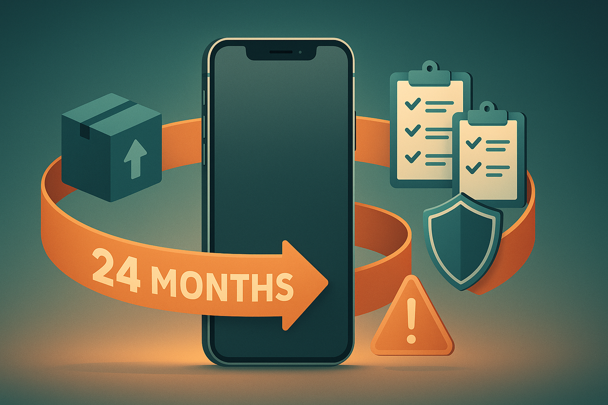 Return program explainer—24-month ribbon around a phone with shield, checklists, and warning sign—how iPhone 17 buyback/return works, safe and savvy vibes