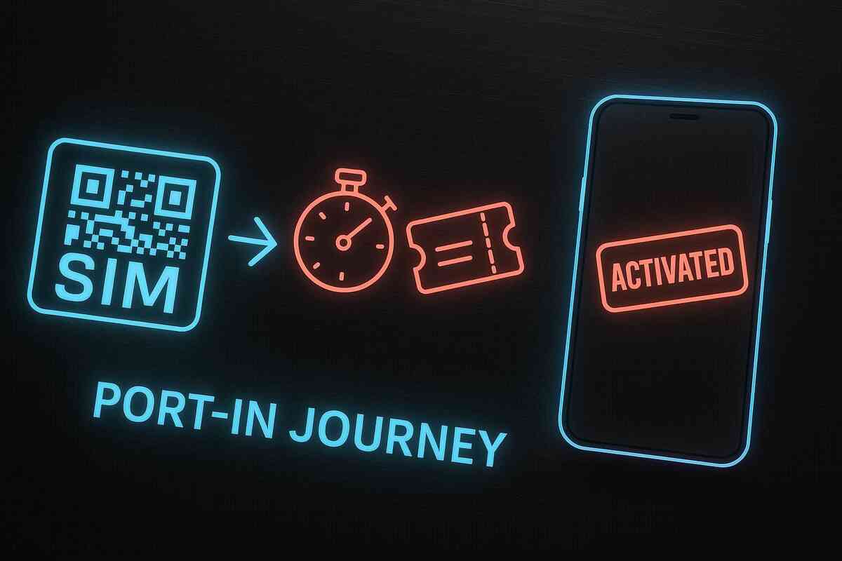 Neon port-in journey—eSIM QR → stopwatch → ticket → phone “ACTIVATED”—fast MNP switch steps to score a cheap iPhone 17, urgent electric glow