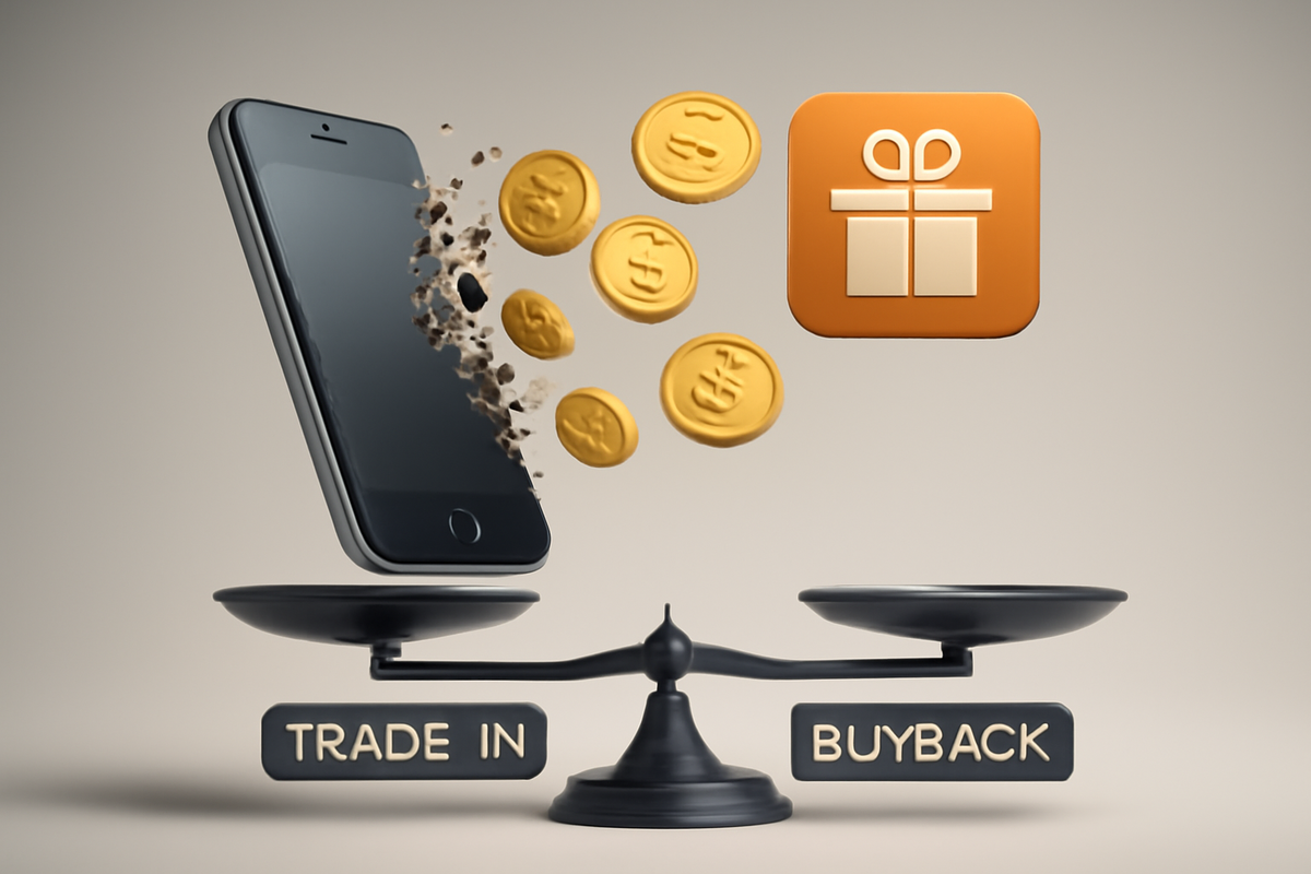 Trade-in vs buyback scale—aging phone dissolves into coins toward a gift-card icon—maximize value for an iPhone 17 upgrade, smart joy and relief