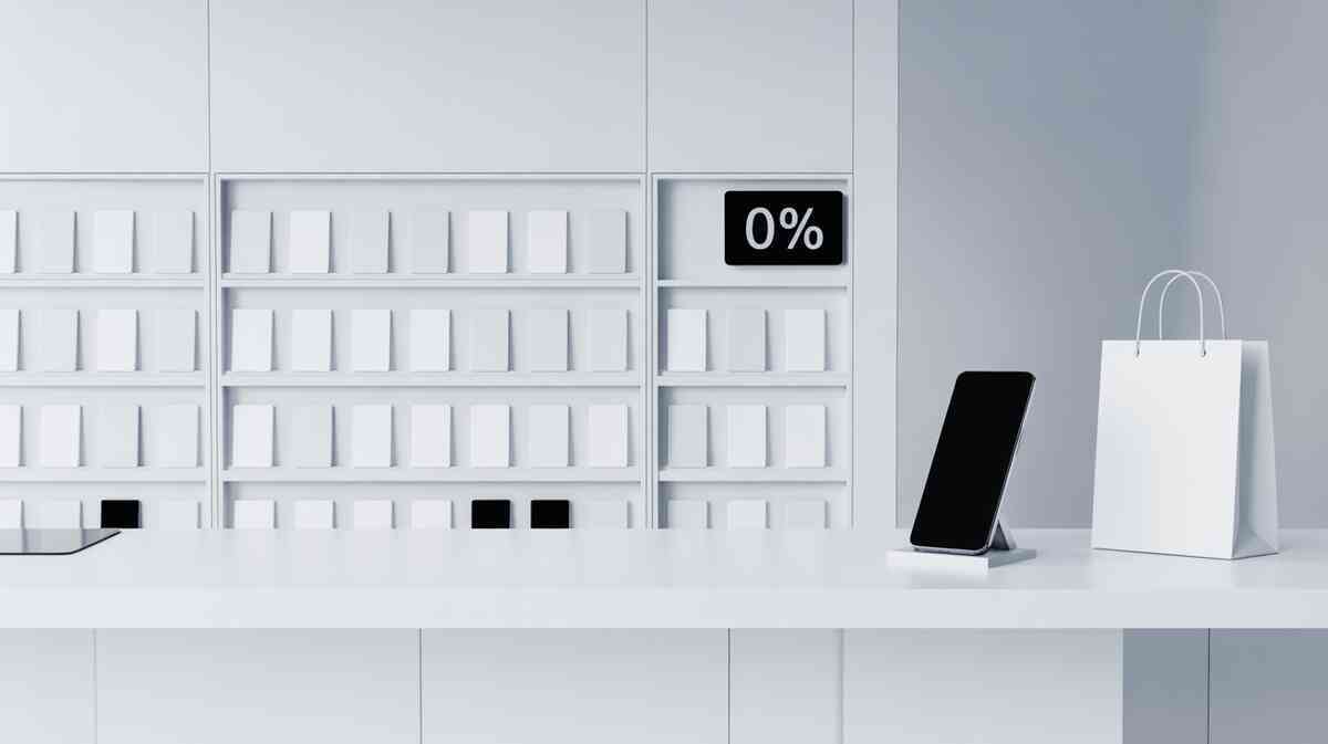 Minimal retail counter with display phone, 0% sign, and shopping bag—interest-free financing & store-pickup tips for iPhone 17, serene confidence