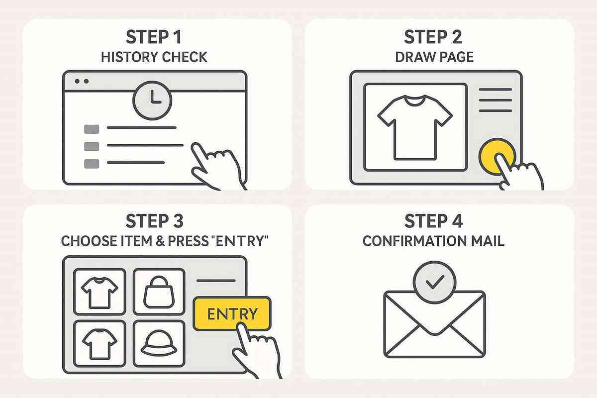 Clean 4-step storyboard—History Check → Draw Page → Choose item & press ENTRY → Confirmation Mail—friendly, actionable how-to for first-time applicants, soothing clarity