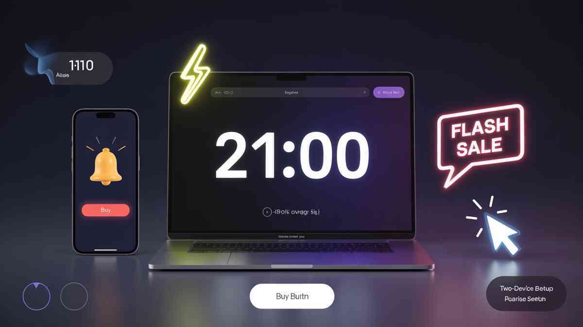 Night-mode command center—21:00 countdown on laptop, alert bell on phone, “FLASH SALE” neon and click cursor—two-device sprint tactic for first-come restocks, high-stakes excitement