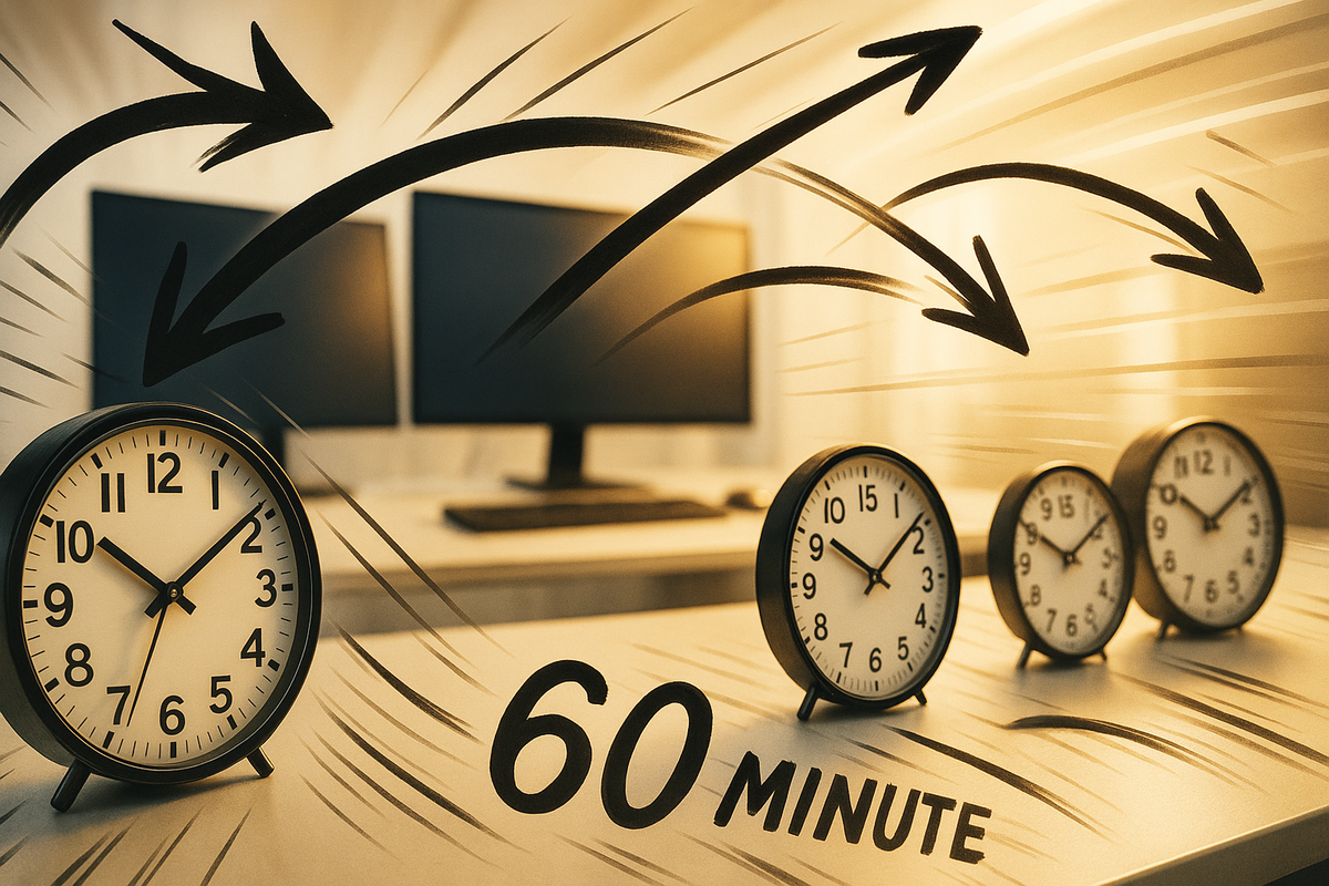 Four desk clocks with sweeping arrows toward dual monitors and “60 minute” caption—structured battle plan, decisive momentum, countdown thrill, action-ready energy