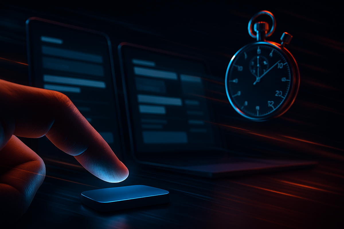 Finger hovering over a glowing checkout button with a stopwatch near dual screens—blink-fast payment, heart-pounding focus, speed-driven resolve, laser-sharp intent