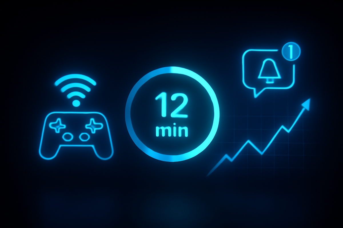 Neon 12-minute ring with wireless controller, bell alert, and rising line—prophetic pre-restock signal, electric anticipation, uplifting surge, hopeful momentum