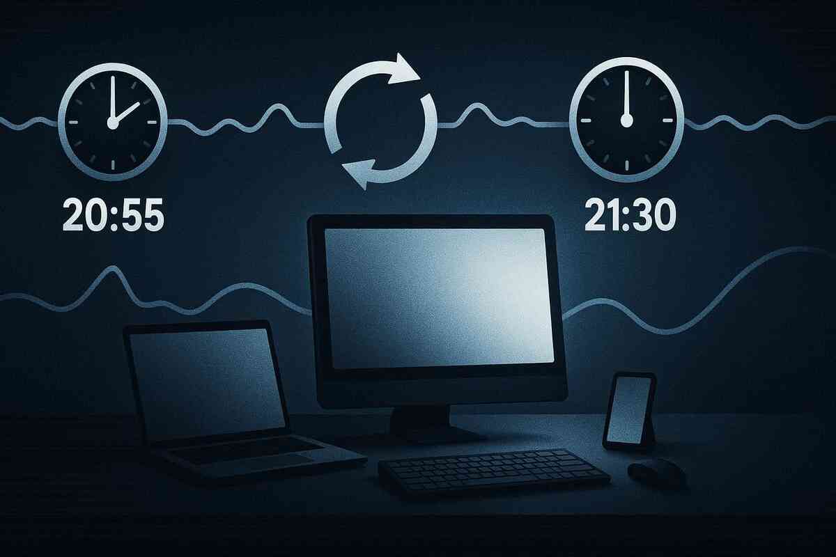 Minute-by-minute battle plan—multi-device desk ready from 20:55 to 21:30 with smart reload rhythm—disciplined tempo, relentless focus, quiet-storm determination