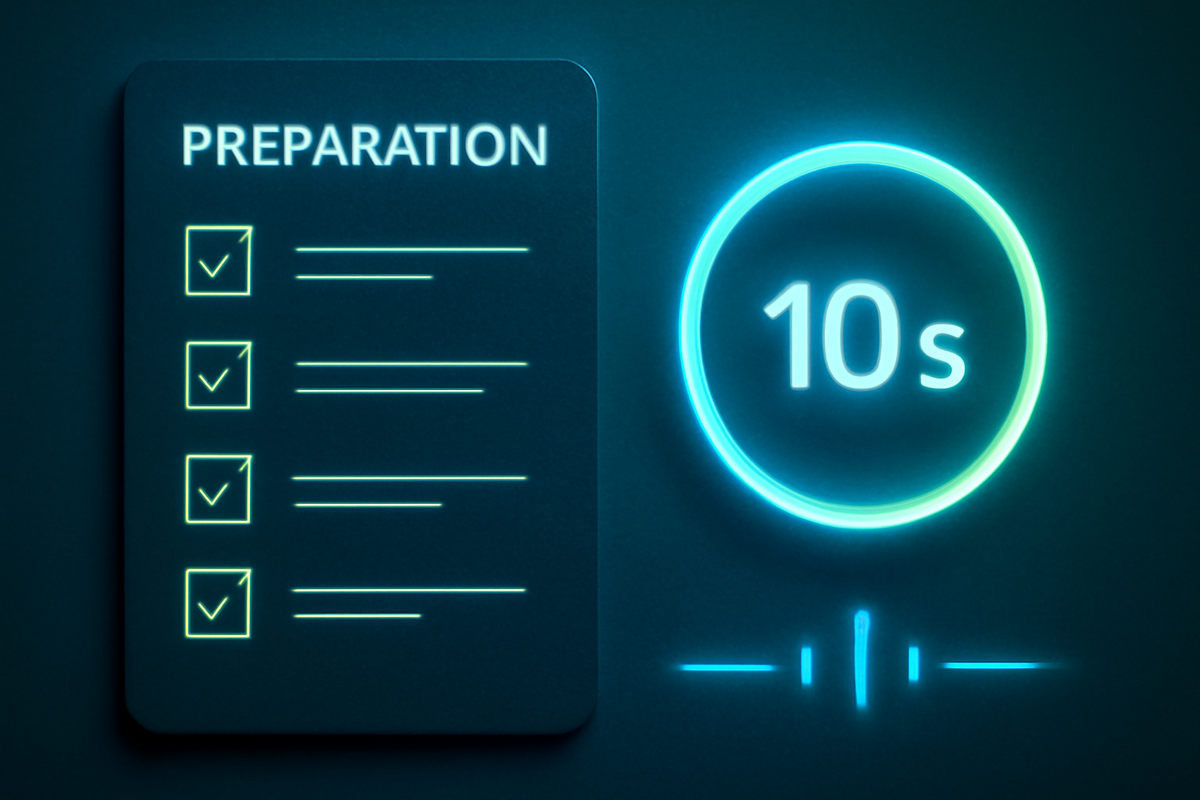 Preparation checklist and blazing 10-second checkout ring—login, payment, security verified—fast execution, confident precision, victory-before-click feeling