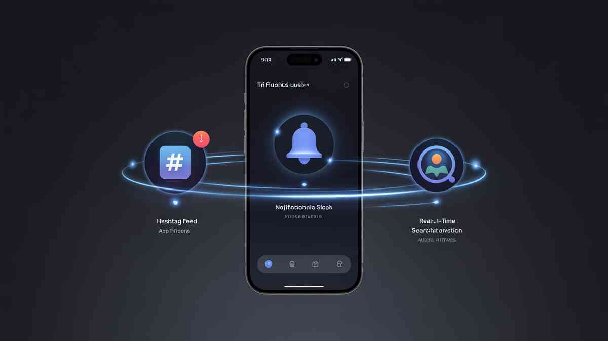 Tri-channel info strategy around a smartphone—hashtags, push alerts, and real-time search orbiting in sync—lightning awareness, fused intelligence, winning calm