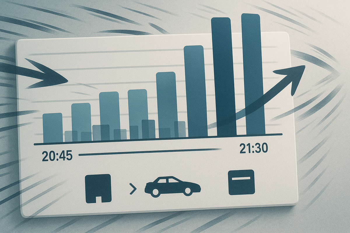 Guerrilla drop pattern decoded—bar chart surging from 20:45 to 21:30 with upward arrow; base unit → racing-set → limited edition sequence—strategic momentum, decisive clarity