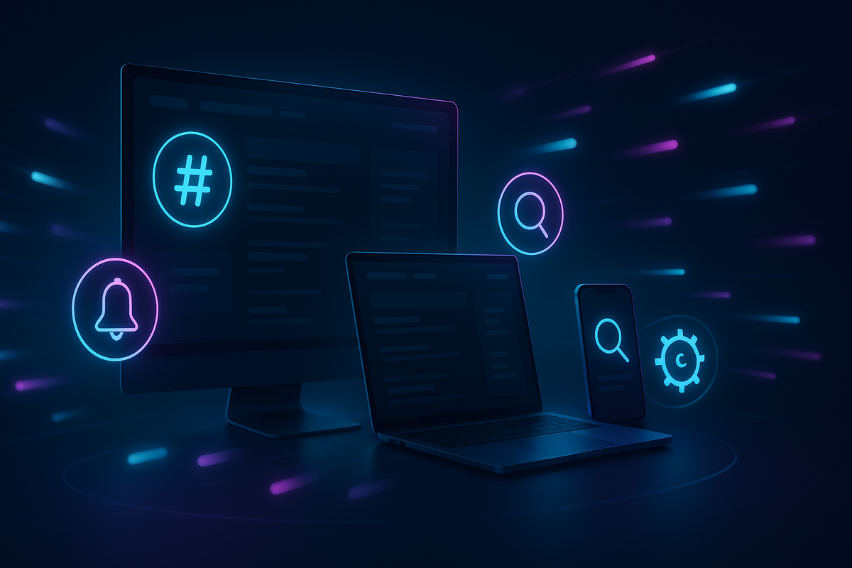 Real-time monitoring rig—desktop, laptop, and phone wrapped in neon hashtag, bell, search, and auto-refresh icons—always-on vigilance, lightning speed, flow-state focus