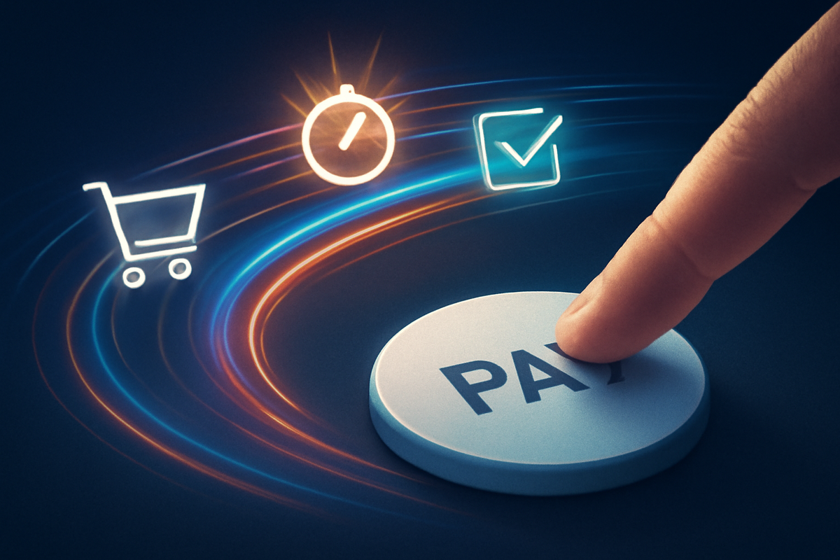 One-minute checkout sprint—finger diving toward PAY; cart → stopwatch → checkmark light trail—pre-saved login and payment, ruthless efficiency, thunderbolt win