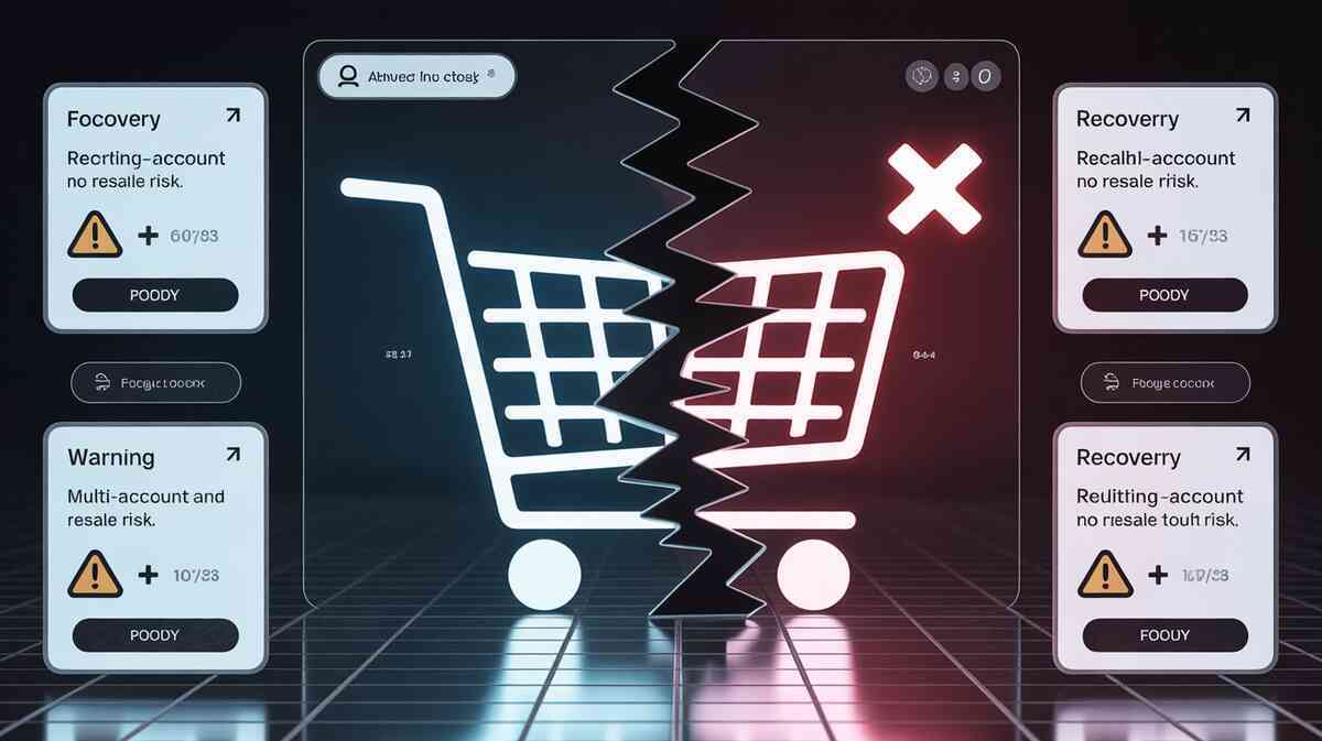 Failure patterns exposed—split shopping cart with red X, warning panels for errors, multi-account and resale risk; recovery cues on the sides—caution-first mindset, resilient comeback energy