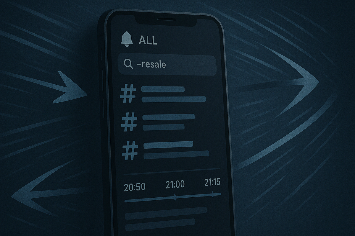 ALL notifications on with “−resale” filter—hashtag feed racing across the screen and a micro-timeline 20:50 → 21:00 → 21:15—one-second edge, clean signal, focused momentum