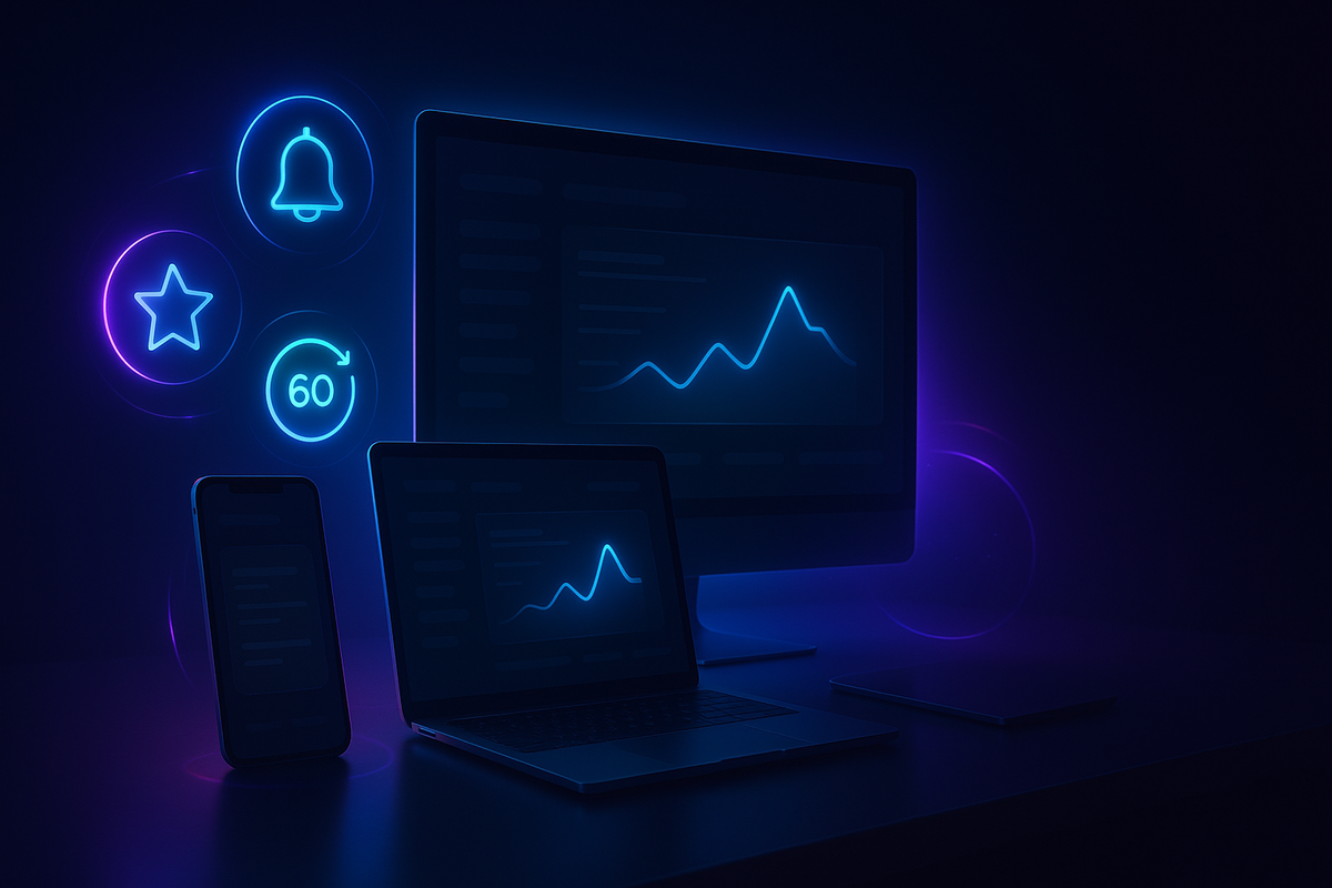 Auto-watch command center—desktop, laptop, and phone pulsing with favorite star, bell alerts, and 60-second auto-refresh—always-on vigilance, midnight neon, calm control
