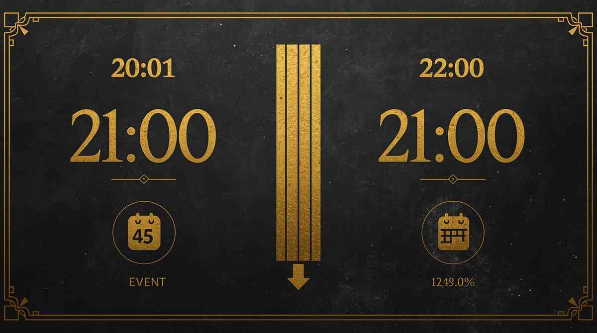 Pattern oracle—towering 21:00 in gold between 20:01 and 22:00, arrows pointing to the prime window, “5-day” calendar marks—Friday magic, data-driven certainty, decisive clarity