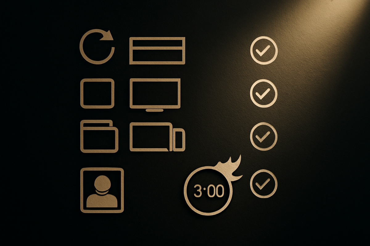 Victory checklist under a warm spotlight—session refresh, direct URL bar, multi-tab pages, dual devices, saved payment, ready account—and a blazing 3-minute critical window—precision, poise, win-now intent