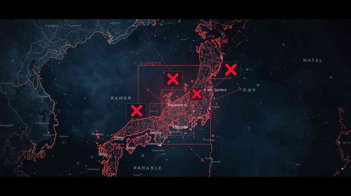 Nationwide trap map of Japan—red X markers for login lapse, payment unset, timing myths, single-source bias—caution-first mindset, fact-check discipline, resilient comeback energy
