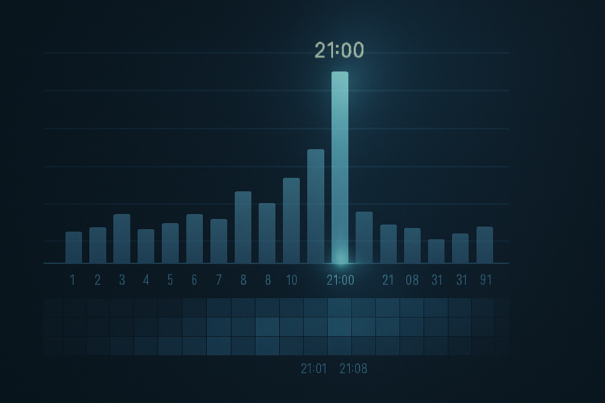 Twelve-week restock histogram with a towering 21:00 spike and mini marks at 21:01/21:08—data-proven Friday night window, scientific certainty, electric anticipation