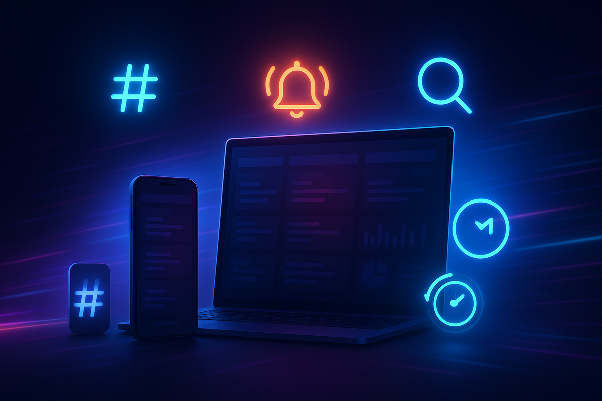 Social alert cockpit—smartphone and laptop under neon hashtag, push-bell, search, and one-minute ticker icons—catch news in under a minute, lightning focus, always-on vigilance