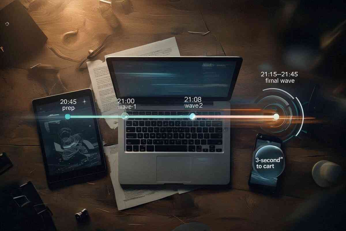 90-minute battle timeline across a desk—20:45 prep → 21:00 wave-1 → 21:08 wave-2 → 21:15–21:45 final wave—“3-second to cart” target glowing—cinematic urgency, relentless momentum