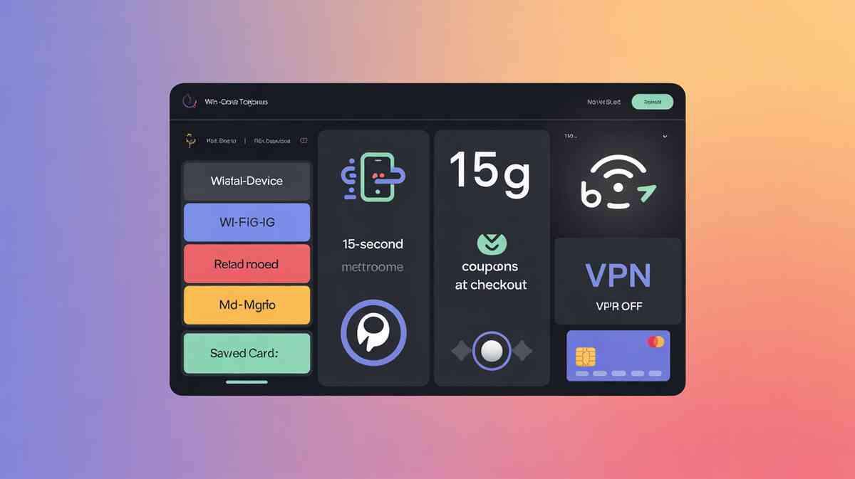 Win-boost techniques board—dual devices (PC+phone), Wi-Fi + 5G split, 15-second reload metronome, VPN OFF, saved card badge—zero-friction speed, calm control, ruthless efficiency