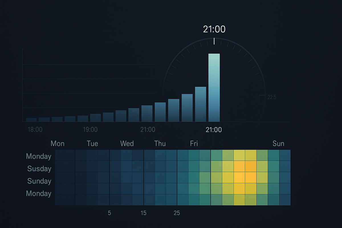 Data-proven window—21:00 spike bar chart with weekly heatmap for Rakuten Books Switch2—Friday night sweet spot, 5/15/25 rhythm, calm confidence from numbers