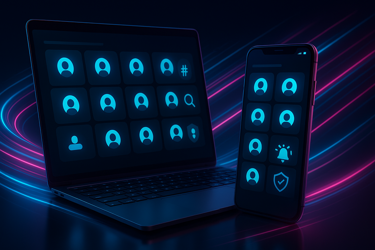 Switch2 restock radar—laptop and phone with must-follow profile grid, bell/hashtag/search icons—build a 10-account alert list for instant pings, smooth momentum