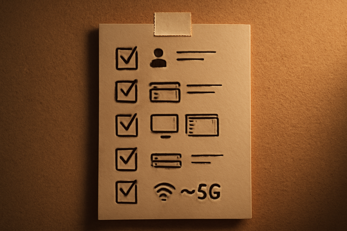 Switch2 win checklist—spotlit paper with ticks: account login, bookmarks, PC+phone, saved card, Wi-Fi~5G—quiet focus before the sprint, steady confidence