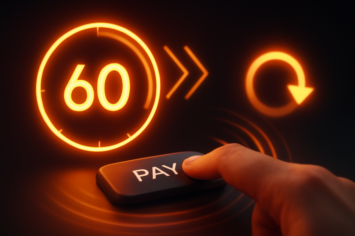 60-second finish—finger presses PAY under a glowing countdown loop—Rakuten Books Switch2 one-minute checkout, thrilling rush, silky speed to victory