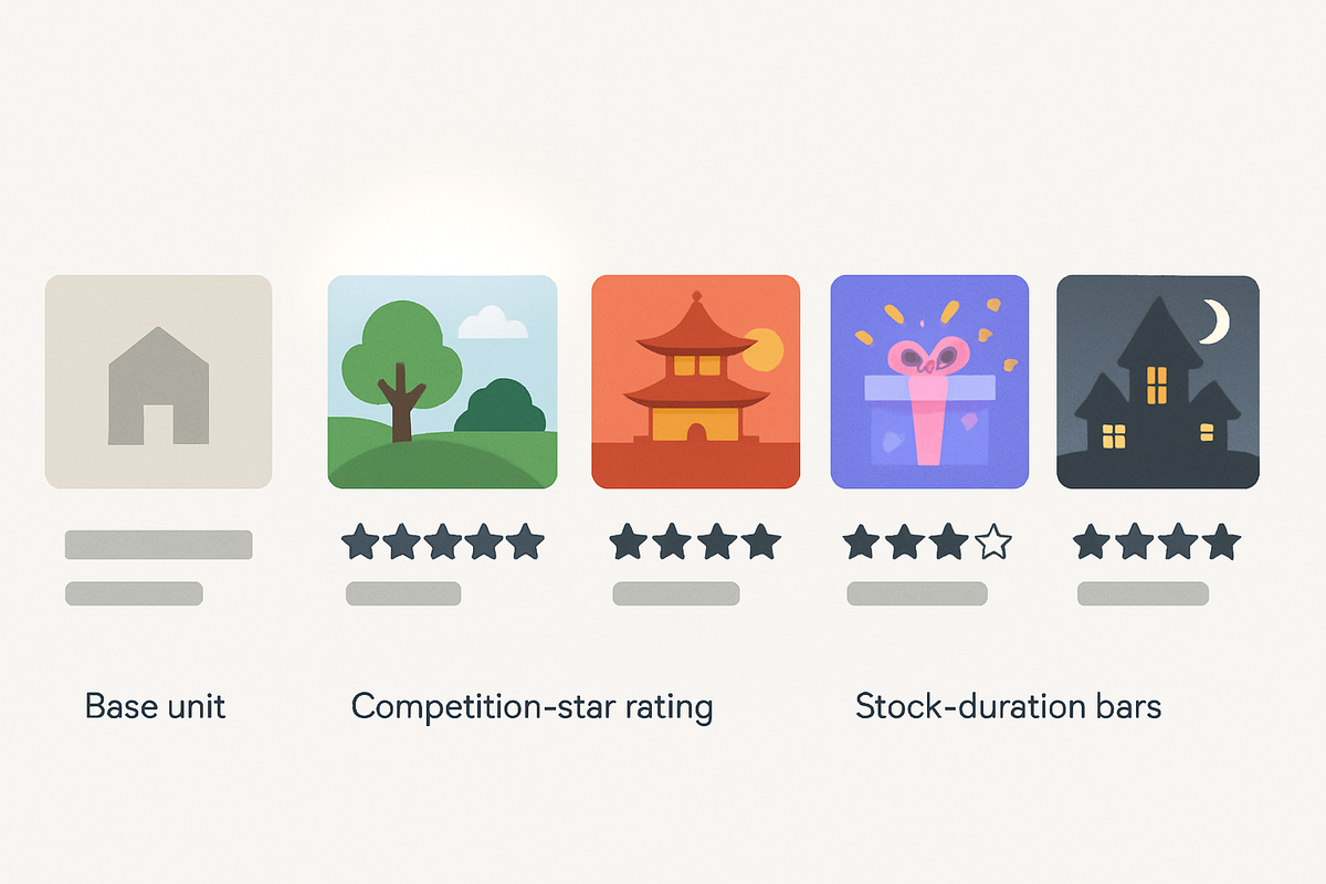 Which set to buy?—clean lineup tiles comparing base unit and four bundles with star difficulty and stock-duration bars—joyful clarity for the easiest win