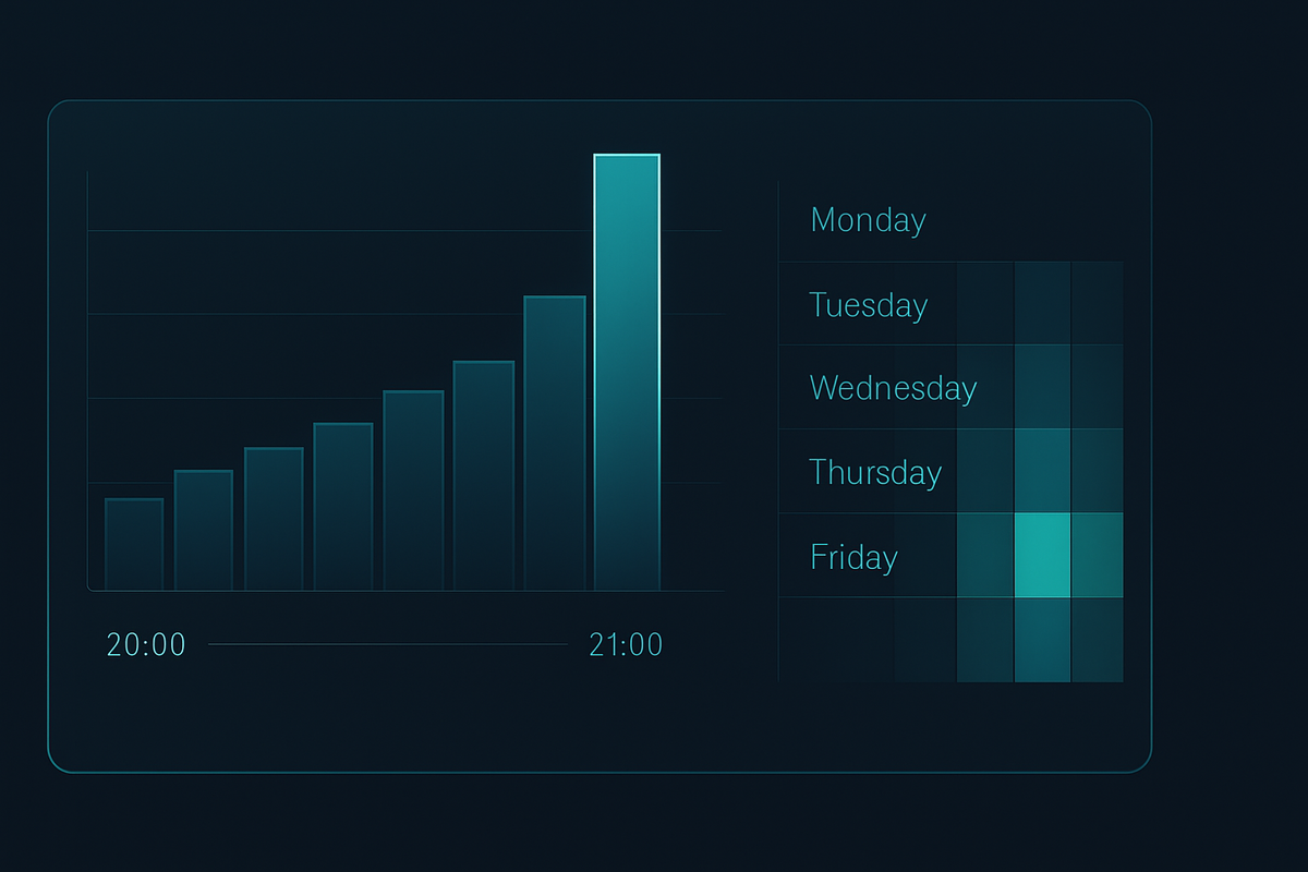 Data chart spiking at 21:00 with a weekday heatmap lighting up Friday—evidence-driven golden hour for Rakuten Books Switch 2 restocks, urgency you can feel