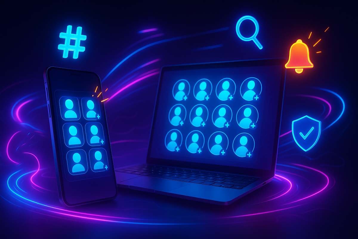 Phone and laptop showing follow grids with glowing hashtag, bell, and search icons—follow essential X/Twitter accounts, enable notifications, instant stock pings for Switch 2