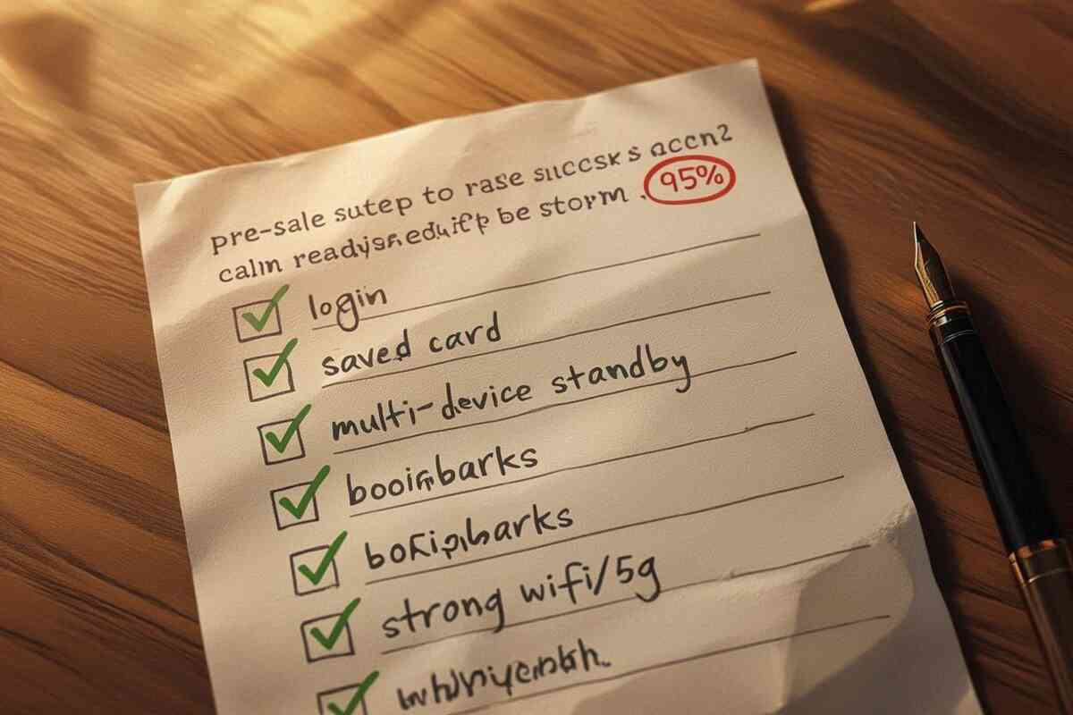 Warm desk close-up of a handwritten pre-sale checklist—login, saved card, multi-device standby—calm focus meets 95% success vibes for Rakuten Books Switch 2