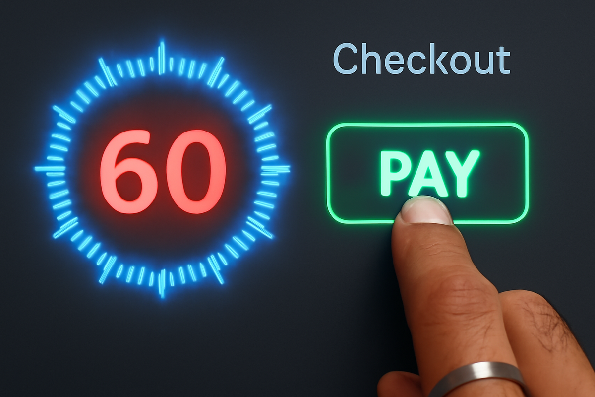 Finger pressing a neon green PAY button beside a blazing 60-second countdown—speedrun checkout for Switch 2, adrenaline rush, zero-hesitation action