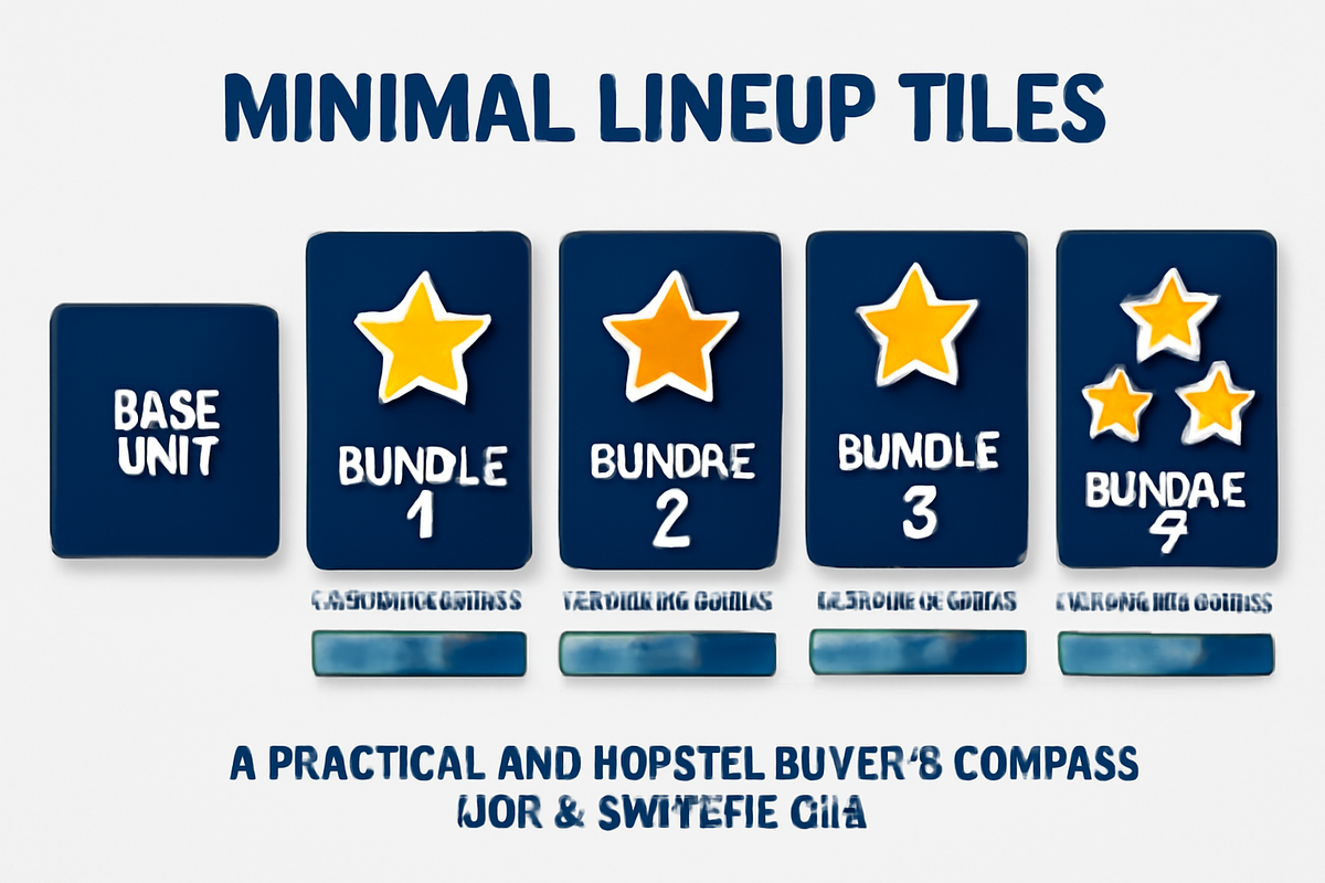 Minimal lineup tiles—base unit versus four bundles with star ratings and stock-duration hints—clean visual guide to pick the easiest Switch 2 set to buy