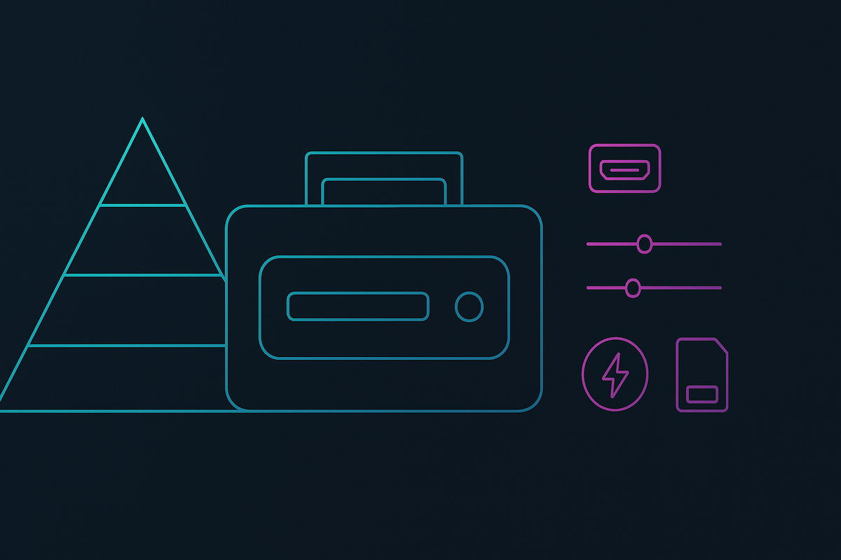 Minimal line-art priority pyramid with carry case, sliders for budget tuning, USB-C and power icons, and a microSD badge—how to rank Switch 2 accessories by need, budget, and compatibility—calm, confident planning
