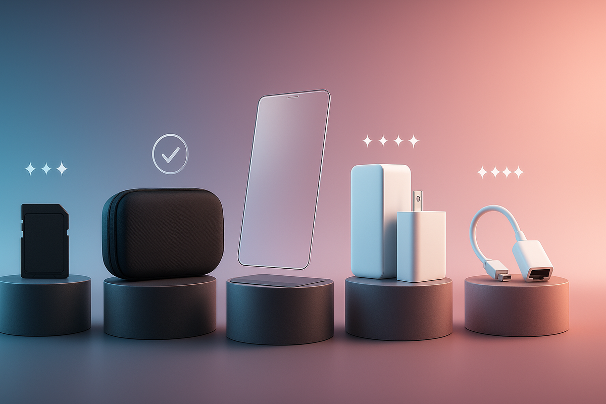 Showcase pedestals ranking five must-have Switch 2 accessories—microSD storage, shockproof carry case, tempered glass film, fast USB-C charger, wired LAN adapter—editor’s picks sparkle, decisive buying guide vibes