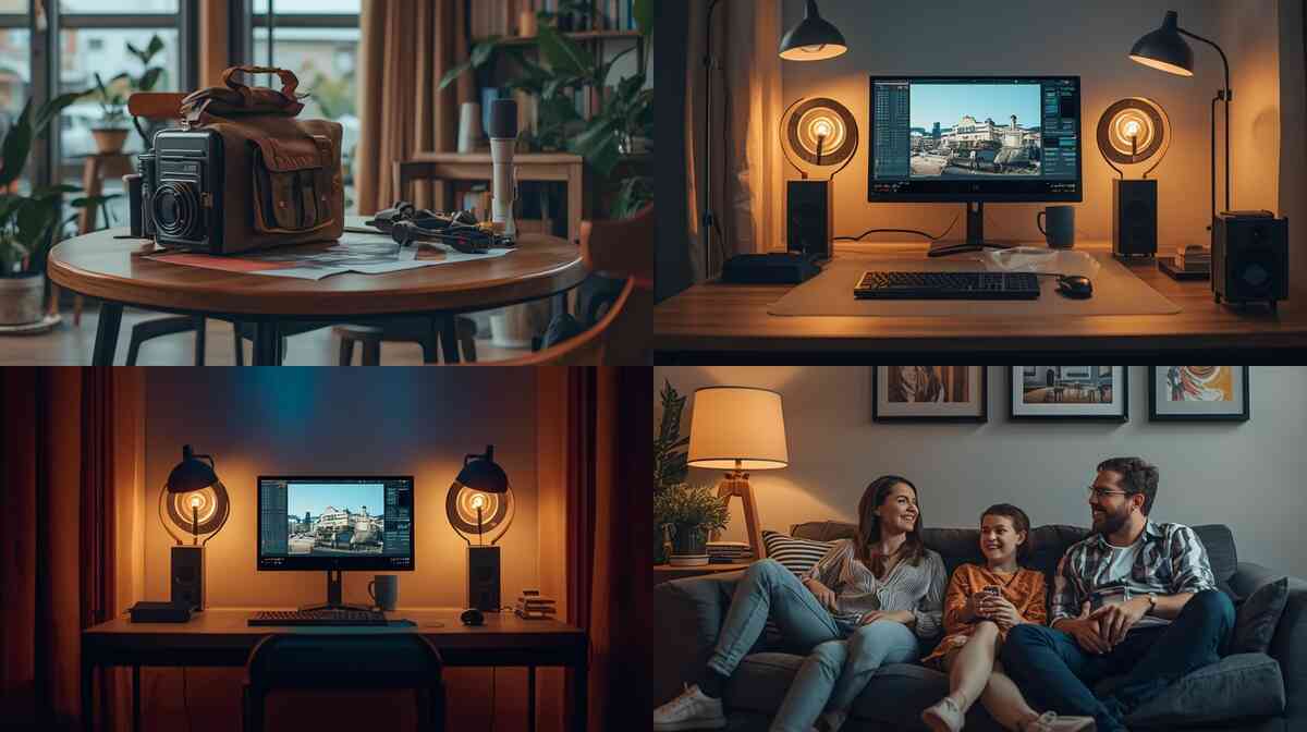 Four-scene collage: travel kit on café table, creator desk for streaming, quiet home workstation, and family co-op on a sofa—best Switch 2 accessories by use case (on-the-go, docked, creator, family)—warm cinematic mood