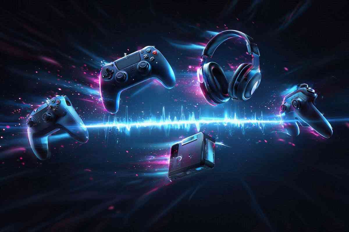 Pro controller, turbo pad, gaming headset, and capture card flying through a neon soundwave—Switch 2 performance-boost accessories that amplify immersion—electric, hype-charged momentum