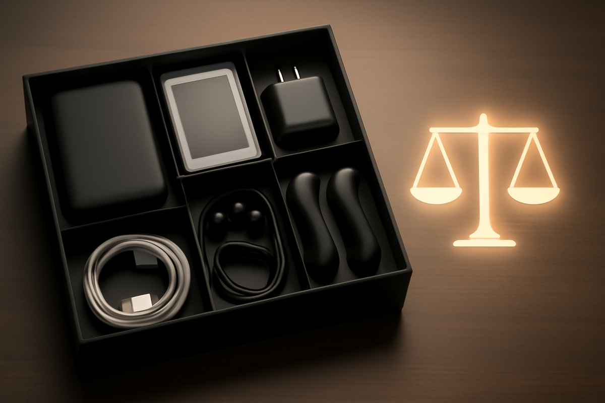 Open all-in-one accessory box with cable, charger, grips, and case beside a glowing balance scale—Switch 2 bundle pros & cons, value vs overbuy—smart, serene decision energy