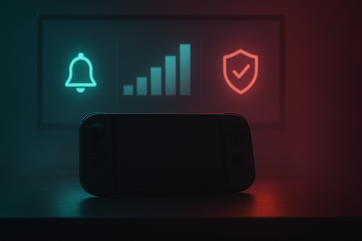 Silhouetted handheld under neon bell, rising bars, and shield—Edion Switch2 restock playbook: turn alerts on, trust safe checkout, ride the surge—urgent yet calm confidence